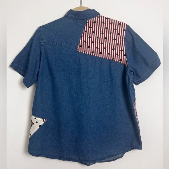 Vintage Roman's 16W Cotton Short Sleeve Patriotic Patchwork Quirky Denim Top - Picture 2 of 9